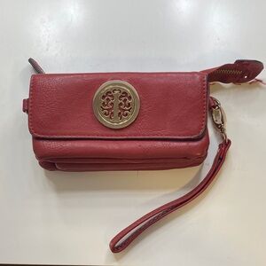 Red Leather Wristlet Wallet with Gold Accent